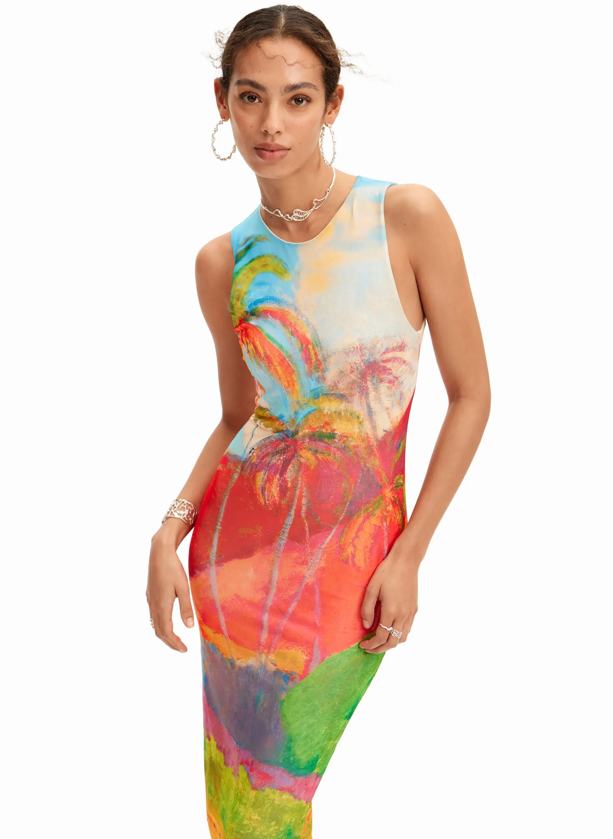 CARMAN - Vestido midi sin mangas estampado en multicolor