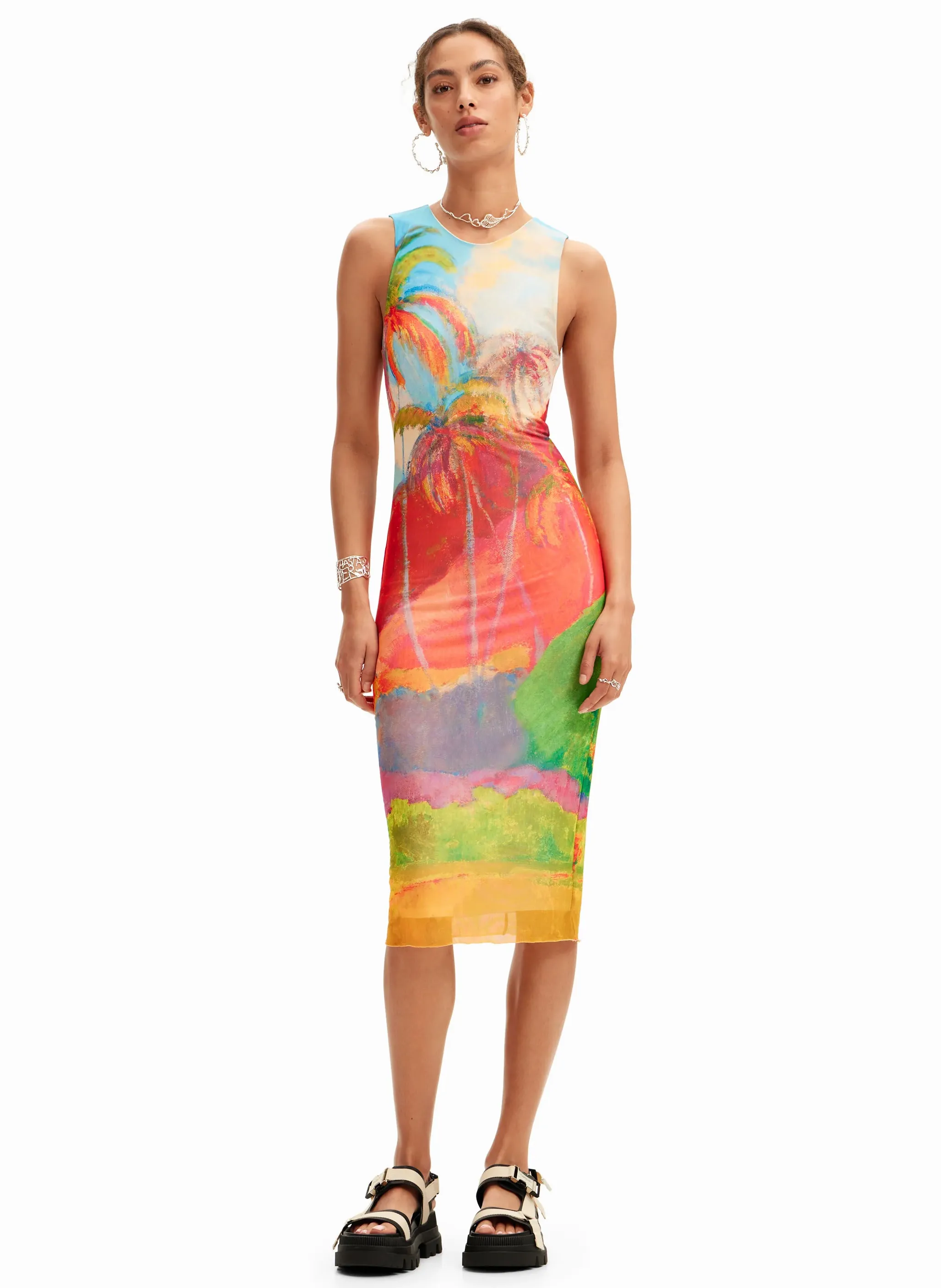 CARMAN - Vestido midi sin mangas estampado en multicolor