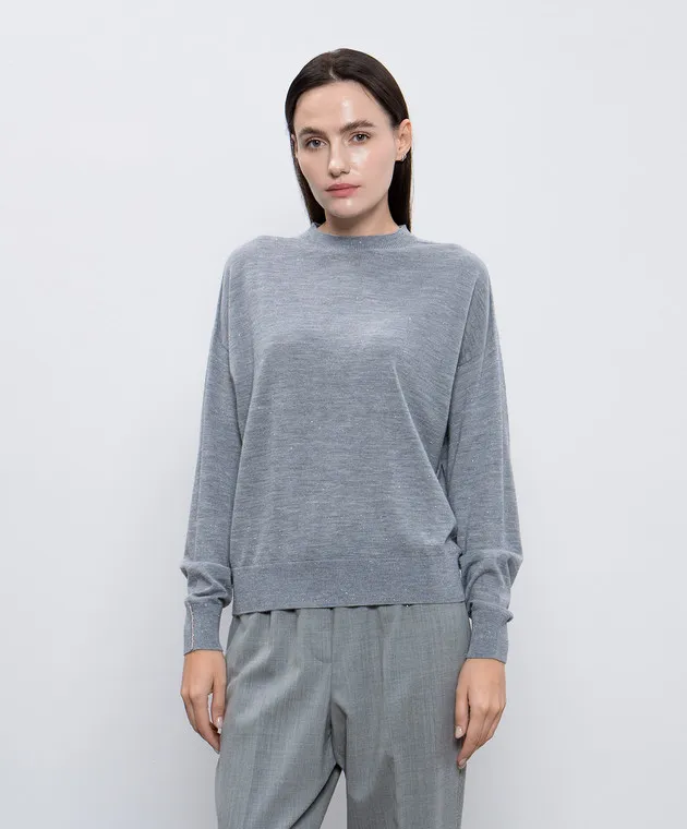 Peserico Gray wool jumper with monil chain