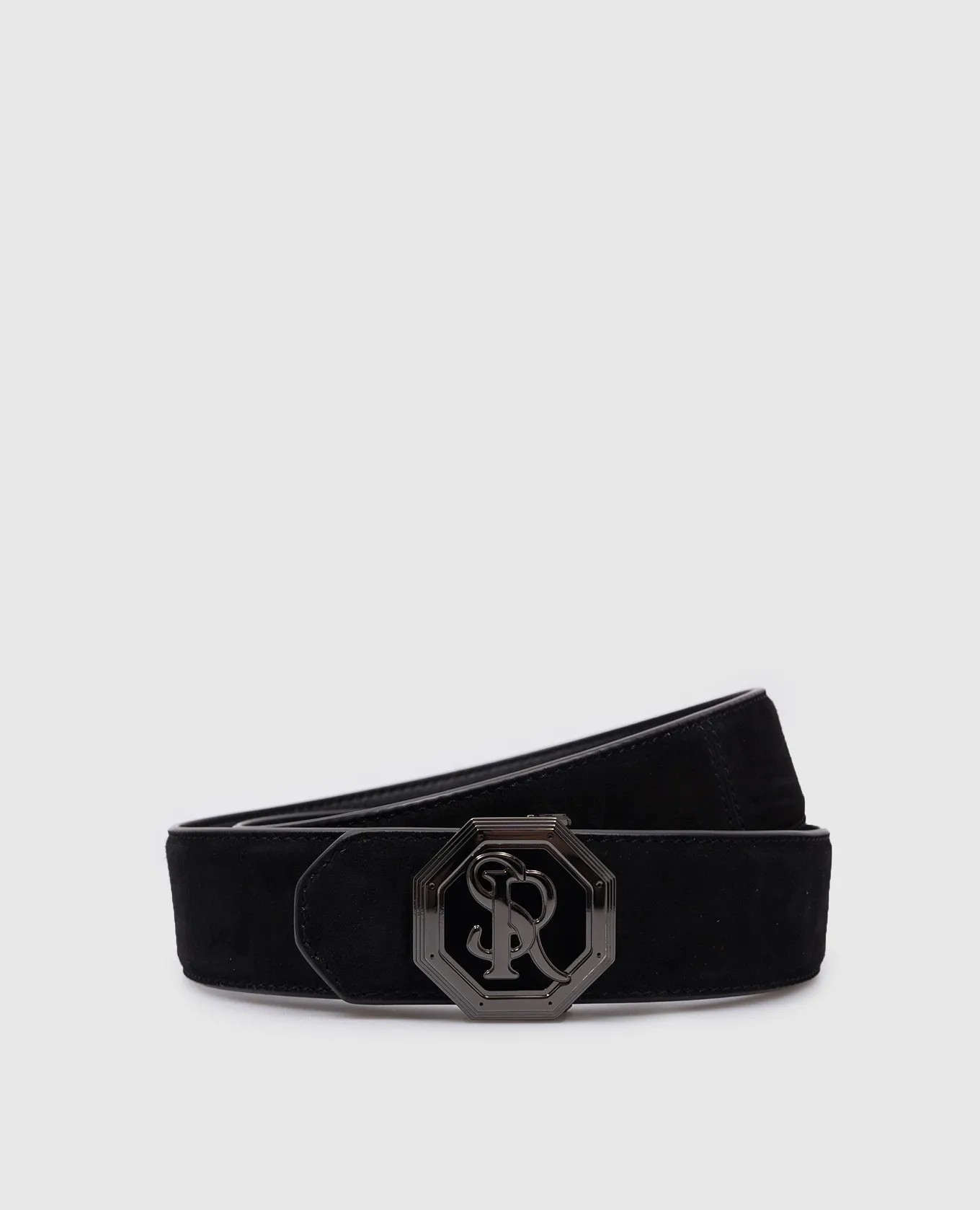 Stefano Ricci Black suede belt with metal monogram logo