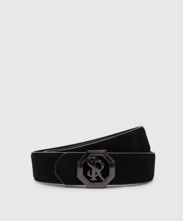 Stefano Ricci Black suede belt with metal monogram logo