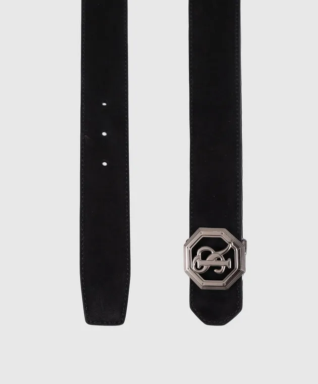 Stefano Ricci Black suede belt with metal monogram logo