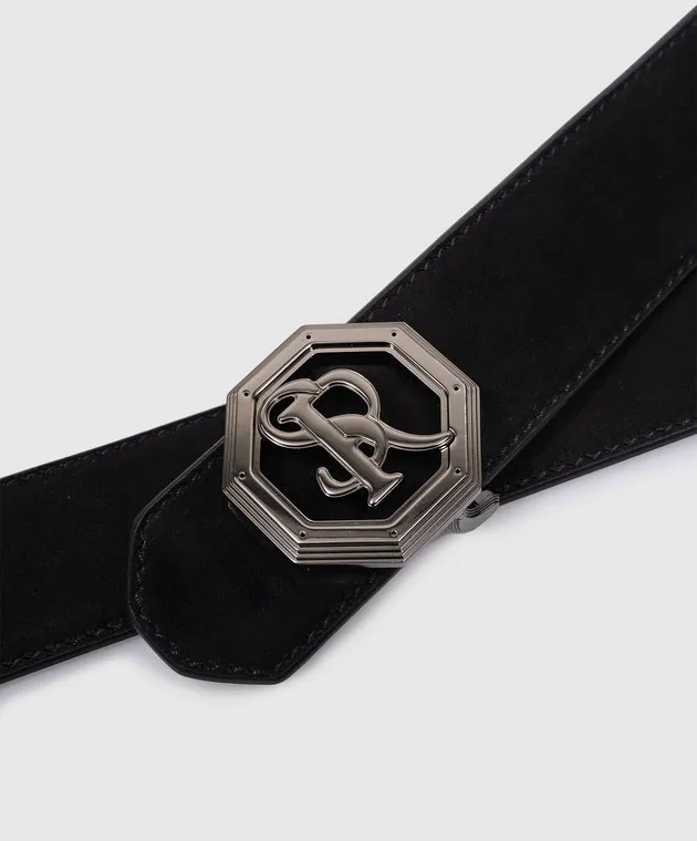 Stefano Ricci Black suede belt with metal monogram logo