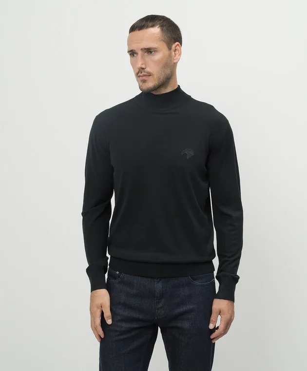 Stefano Ricci Black wool jumper with logo embroidery