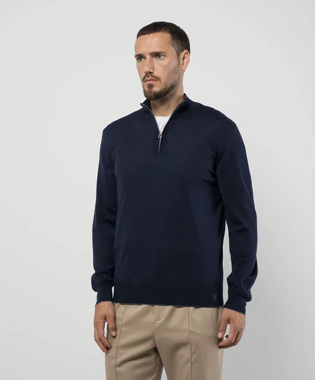 Stefano Ricci Blue wool, silk and cashmere jumper with logo monogram pattern