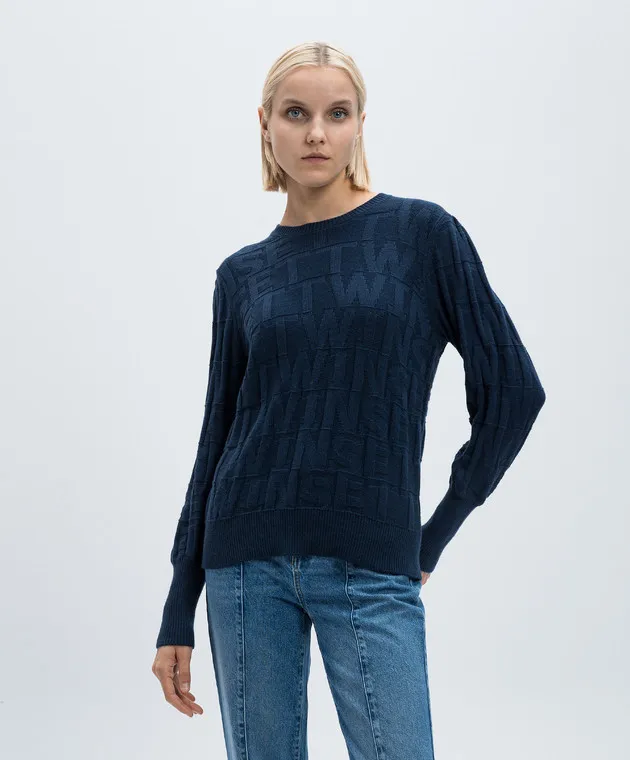 Twinset Blue jumper with cashmere in a woven logo pattern