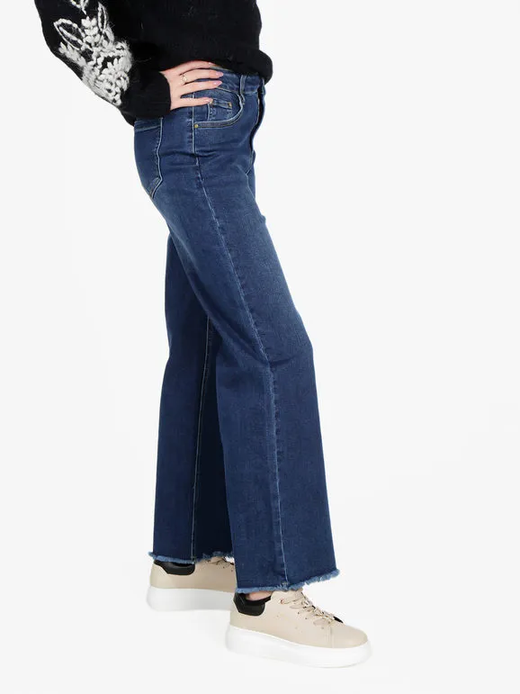 Vale Denim Vaqueros de mujer de talle alto y pernera ancha con flecos