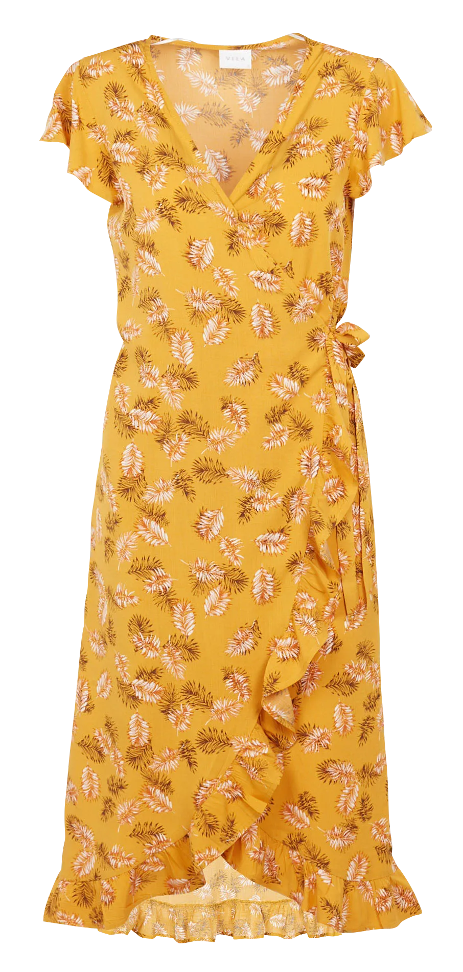 Vestido midi cruzado con estampado de hojas en amarillo