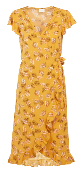 Vestido midi cruzado con estampado de hojas en amarillo